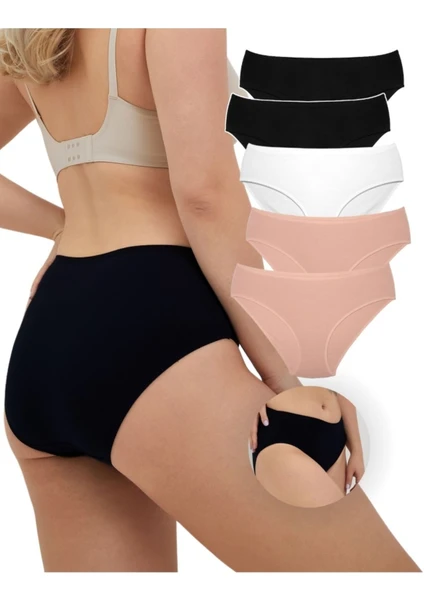 ALYA UNDERWEAR Kadın Pamuklu Bato / Hipster Külot 5'li Paket - 2 Adet Siyah, 1 Adet Beyaz, 2 Adet Ten