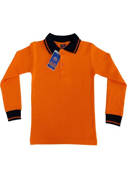 Polo Yaka T-Shirt Çocuk Uzun Kol Siyah Çizgi Yaka Turuncu Okul T-Shirt/t-Shirt