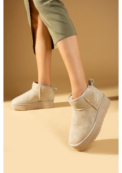 Içi Yünlü Bilekte Rahat Kalıp Kalın Taban Mini Kadın Bot 007-1999-23NUBUK