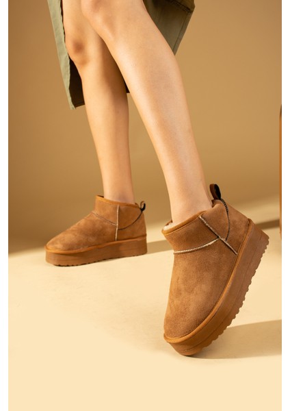 Içi Yünlü Bilekte Rahat Kalıp Kalın Taban Mini Kadın Bot 007-1999-23NUBUK