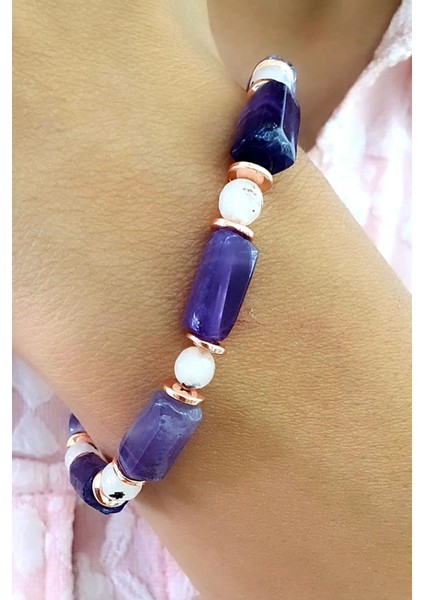 Ametist Pembe Kuvars ve Hematit Taşlı Tasarım Doğal Taş Bileklik