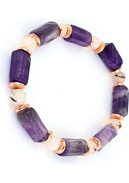 Ametist Pembe Kuvars ve Hematit Taşlı Tasarım Doğal Taş Bileklik fiyatları