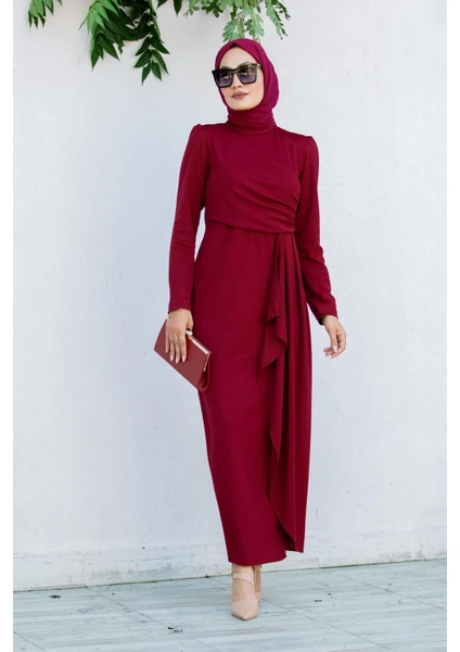 Tesettür Çarşım Lily Drape Pile Özel Gün Elbisesi-Bordo