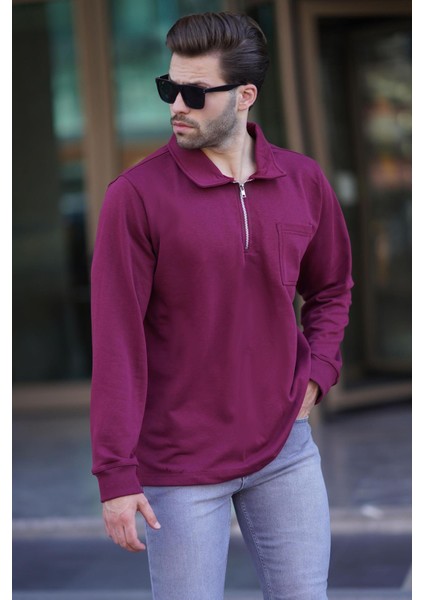 Bordo Polo Yaka Fermuarlı Uzun Kollu Erkek Sweatshirt 7057