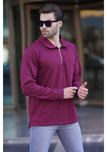 Bordo Polo Yaka Fermuarlı Uzun Kollu Erkek Sweatshirt 7057 fiyatları