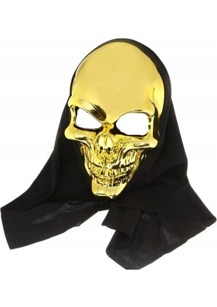 Yetişkin Hallowen Kapşonlu Plastik Iskelet Maskesi Altın Renk 1 Adet