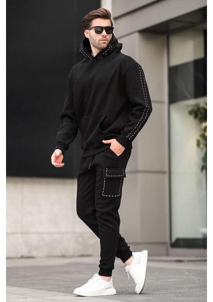 Siyah Erkek Kapüşonlu Paçası Lastikli Eşofman Takımı 5957