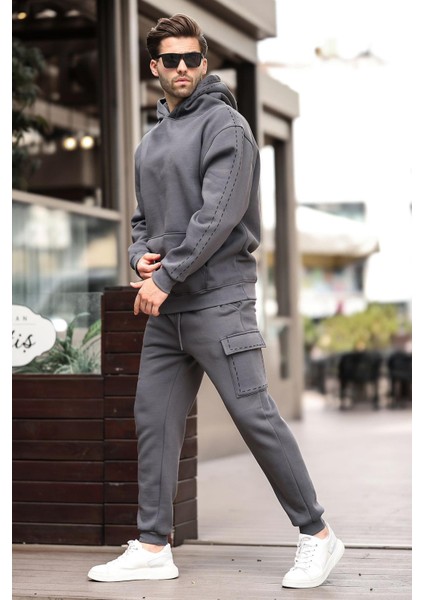 Füme Erkek Kapüşonlu Paçası Lastikli Eşofman Takımı 5957