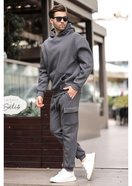 Füme Erkek Kapüşonlu Paçası Lastikli Eşofman Takımı 5957 modelleri