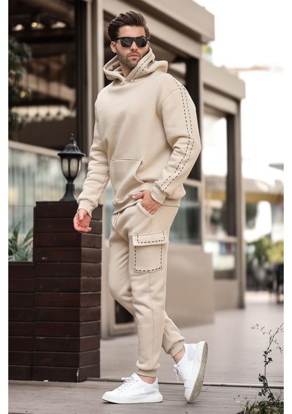 Bej Erkek Kapüşonlu Paçası Lastikli Eşofman Takımı 5957