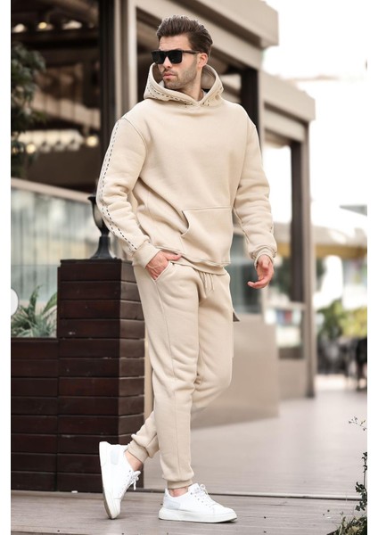 Bej Erkek Kapüşonlu Paçası Lastikli Eşofman Takımı 5957 modelleri