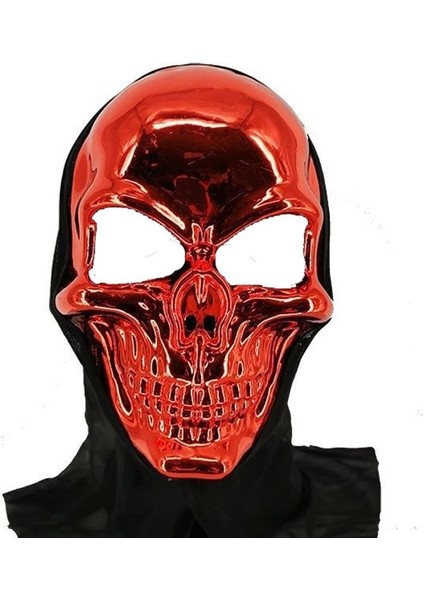 Yetişkin Hallowen Kapşonlu Plastik Iskelet Maskesi Kırmızı Renk 1 Adet