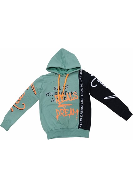 Erkek Çocuk Reals Dream Önü Kolları Yazı Desenli Yeşil Renk Kapüşonlu Sweatshirt