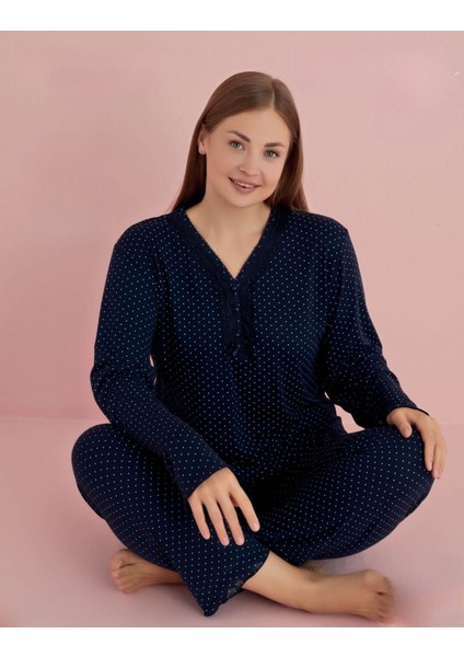 Kadın Büyük Beden Dantel Yaka Bambu Uzun Kol Pijama Takımı 5075 - 1 Adet