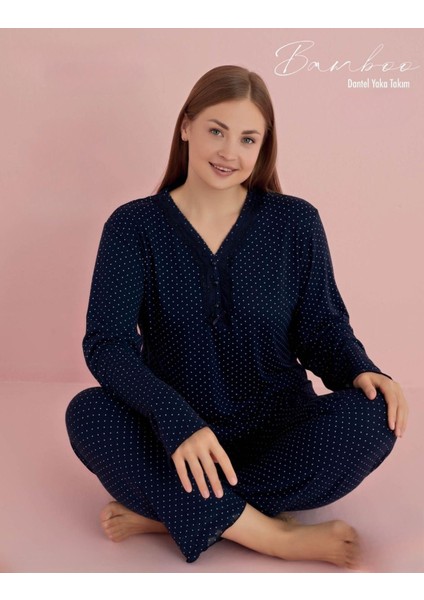 Kadın Büyük Beden Dantel Yaka Bambu Uzun Kol Pijama Takımı 5075 - 1 Adet fiyatları