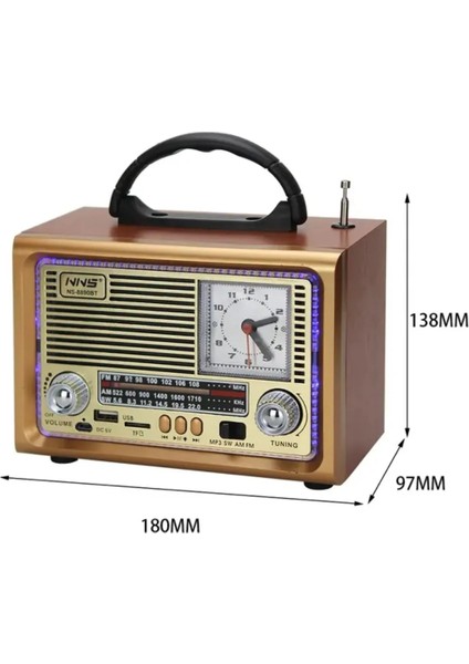 8890 LED Işıklı Taşınabilir Nostaljik Fm Radyo Saat Bluetooth Tf Kart USB Destekli Ahşap Kasa Radyo