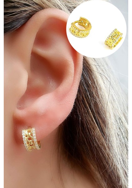 Zirkon Taş Detaylı 925AYAR Gümüş Üzerine Altın Kaplama Minimal Halka Küpe Cap 7mm