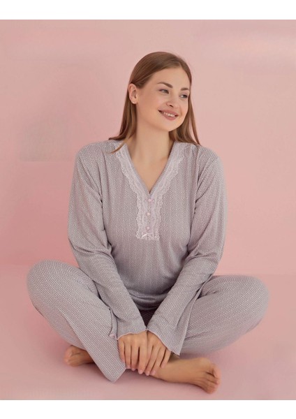 Kadın Büyük Beden Dantel Yaka Bambu Uzun Kol Pijama Takımı 5069 - 1 Adet