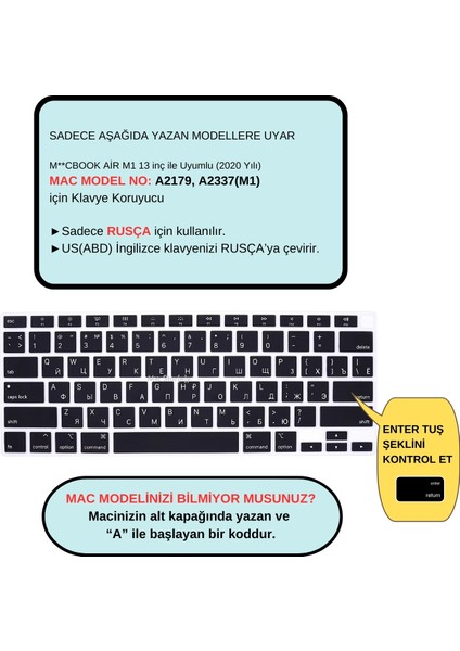 Rusça Klavye Koruyucu Macbook Air M1 13 Inç 2020 (Touchıd'li Air) A2337 A2179 Us Enter ile Uyumlu