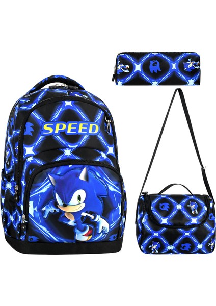 Sonic Mavi Üçlü Erkek Çocuk Ilkokul Okul Çantası Seti (Çanta Termal Beslenme Çantası Kalemlik)
