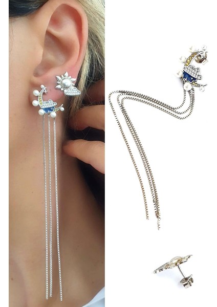 Ay Güneş Figürlü 925ayar Gümüş Tasarım Asimetrik Küpe