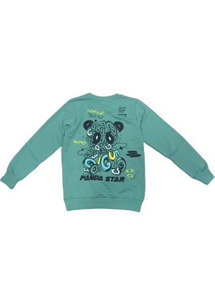 Erkek Çocuk Panda Star Önü Arkası Yazı Resim Desenli Yeşil Renk Sweatshirt