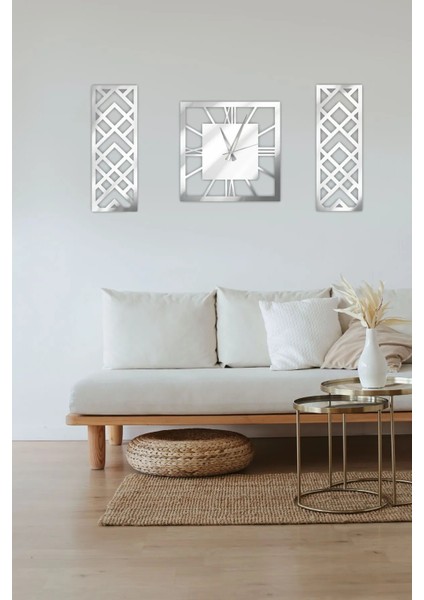 Büyük Dekoratif Gümüş Aynalı Pleksi Duvar Dekorasyonu Saat Lazer Kesim