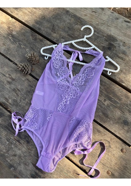 Mor Tül Dantelli Bodysuit