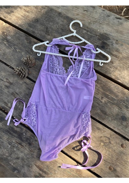 Mor Tül Dantelli Bodysuit