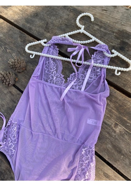 Mor Tül Dantelli Bodysuit