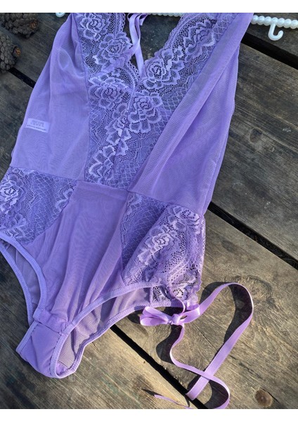 Mor Tül Dantelli Bodysuit