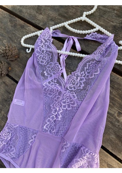 Mor Tül Dantelli Bodysuit