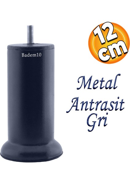Mobilya Kanepe Baza Koltuk Destek Ayağı M8 Civata 12 cm Antrasit Gri Metal Yükseltici Ince Diş Ayak