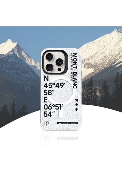 Apple iPhone 14 Pro Max Uyumlu Kılıf Magsafe Şarj Özellikli Koordinat Yazı Desen Summit Serisi Beyaz