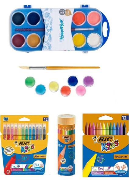 Boyama Seti 12'li Kuruboya + 12'li Keçeli Boya + 12'li Mum Boya + 12'li Sulu Boya