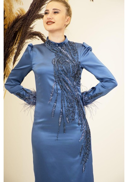 Önü Boncuk Aplik Işleme Kolları Tüylü Nara Tesettür Abiye Indigo fiyatları