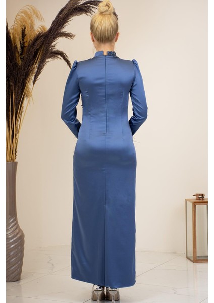 Önü Boncuk Aplik Işleme Kolları Tüylü Nara Tesettür Abiye Indigo modelleri