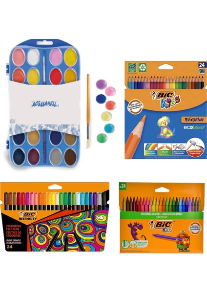Boyama Seti 24'lü Kuruboya + 24'lü Keçeli Boya + 24'lü Mum Boya + 24'lü Sulu Boya