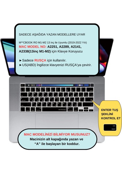 Mcstorey Rusça Klavye Koruyucu Macbook Pro M1-M2 13 Inç 2019/2022 (Touchbarlı) A2251 A2289 A2338 A2141 Us Enter ile Uyumlu