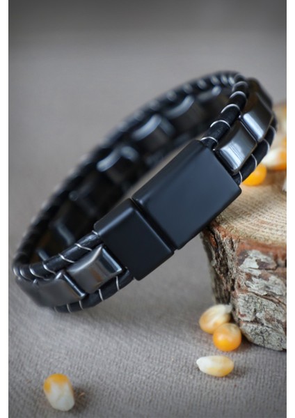 Hematit Örmeli Deri & Doğal Taşlı Çelik Bileklik