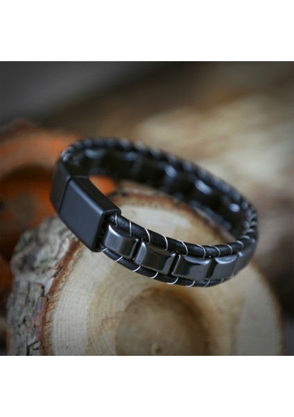Hematit Örmeli Deri & Doğal Taşlı Çelik Bileklik fiyatları