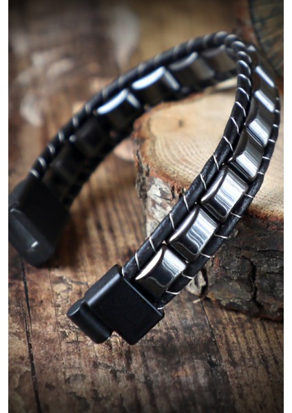 Hematit Örmeli Deri & Doğal Taşlı Çelik Bileklik fırsatları