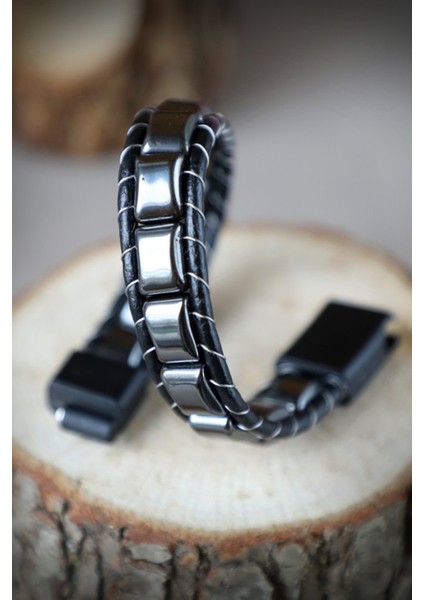 Hematit Örmeli Deri & Doğal Taşlı Çelik Bileklik indirimleri