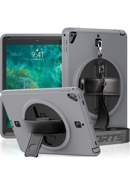 Apple iPad 6. Nesil 9.7 Inc (2018) Döner Standlı Omuz Askılı Darbeye Dayanıklı Armour Boxbox Kılıf A1893 A1954