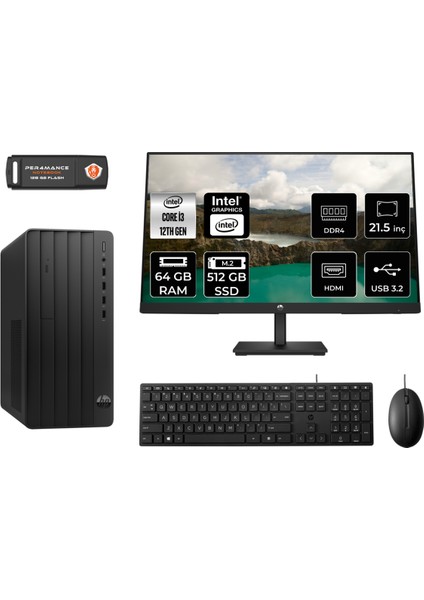 Pro Tower 290 G9 Intel Core I3 12100 64GB 564GB SSD 21.5" Fhd Monitör 6D3A1EA Fdos Masaüstü Bilgisayar & Per4 USB Bellek 6D3A1EAMNT347