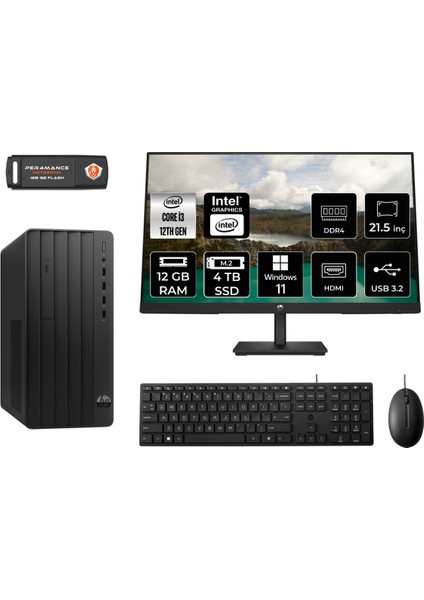 Pro Tower 290 G9 Intel Core I3 12100 12GB 4tb SSD 21.5" Fhd Monitör 6D3A1EA W11H Masaüstü Bilgisayar & Per4 USB Bellek 6D3A1EAMNT360
