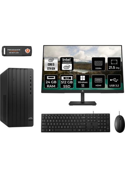 Pro Tower 290 G9 Intel Core I3 12100 24GB 524GB SSD 21.5" Fhd Monitör 6D3A1EA W11H Masaüstü Bilgisayar & Per4 USB Bellek 6D3A1EAMNT372