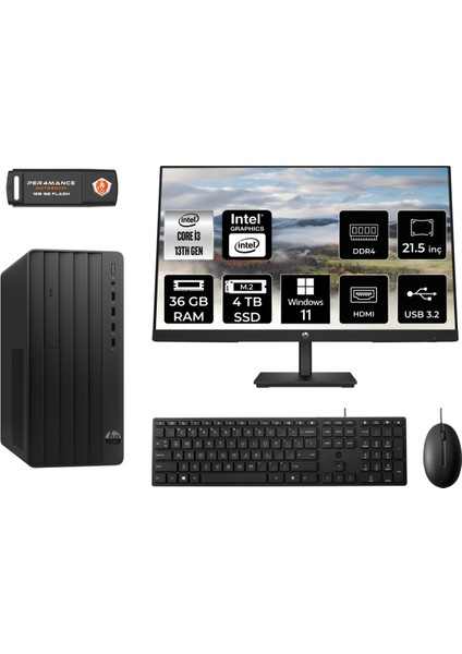 Pro Tower 290 G9 Intel Core I3 13100 36GB 512GB SSD 21.5" Fhd Monitör 8T2X0ES W11H Masaüstü Bilgisayar & Per4 USB Bellek 8T2X0ESMNT382