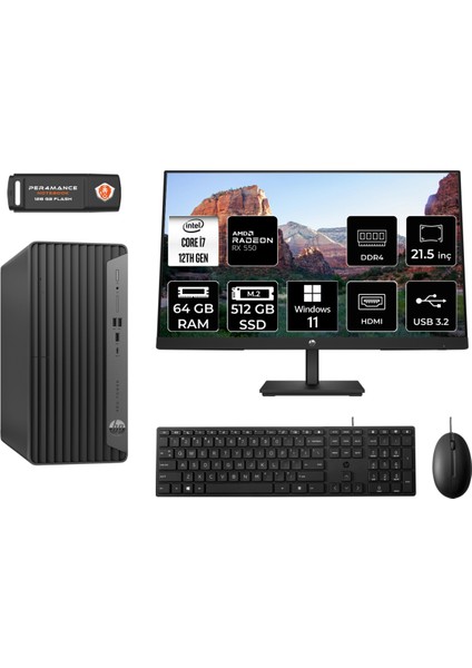 Pro Tower 400 G9 Intel Core I7 12700 64GB 512GB SSD RX550/4GB 21.5" Fhd Monitör W11H 6U3M9EA Masaüstü Bilgisayar & Per4 USB Bellek 6U3M9EAMNT1397