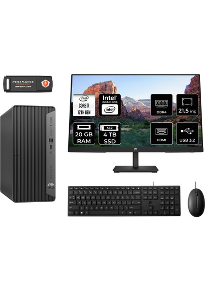 Pro Tower 400 G9 Intel Core I7 12700 20GB 4tb SSD 21.5" Fhd Monitör 6U3M9EA Fdos Masaüstü Bilgisayar & Per4 USB Bellek 6U3M9EAMNT320